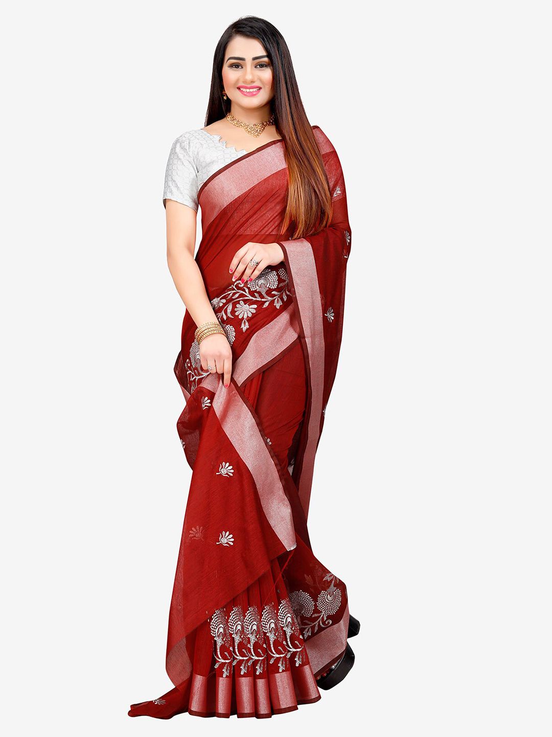 Indian Fashionista Red & Silver-Toned Kalamkari Embroidered Silk Cotton Mysore Silk Saree Price in India