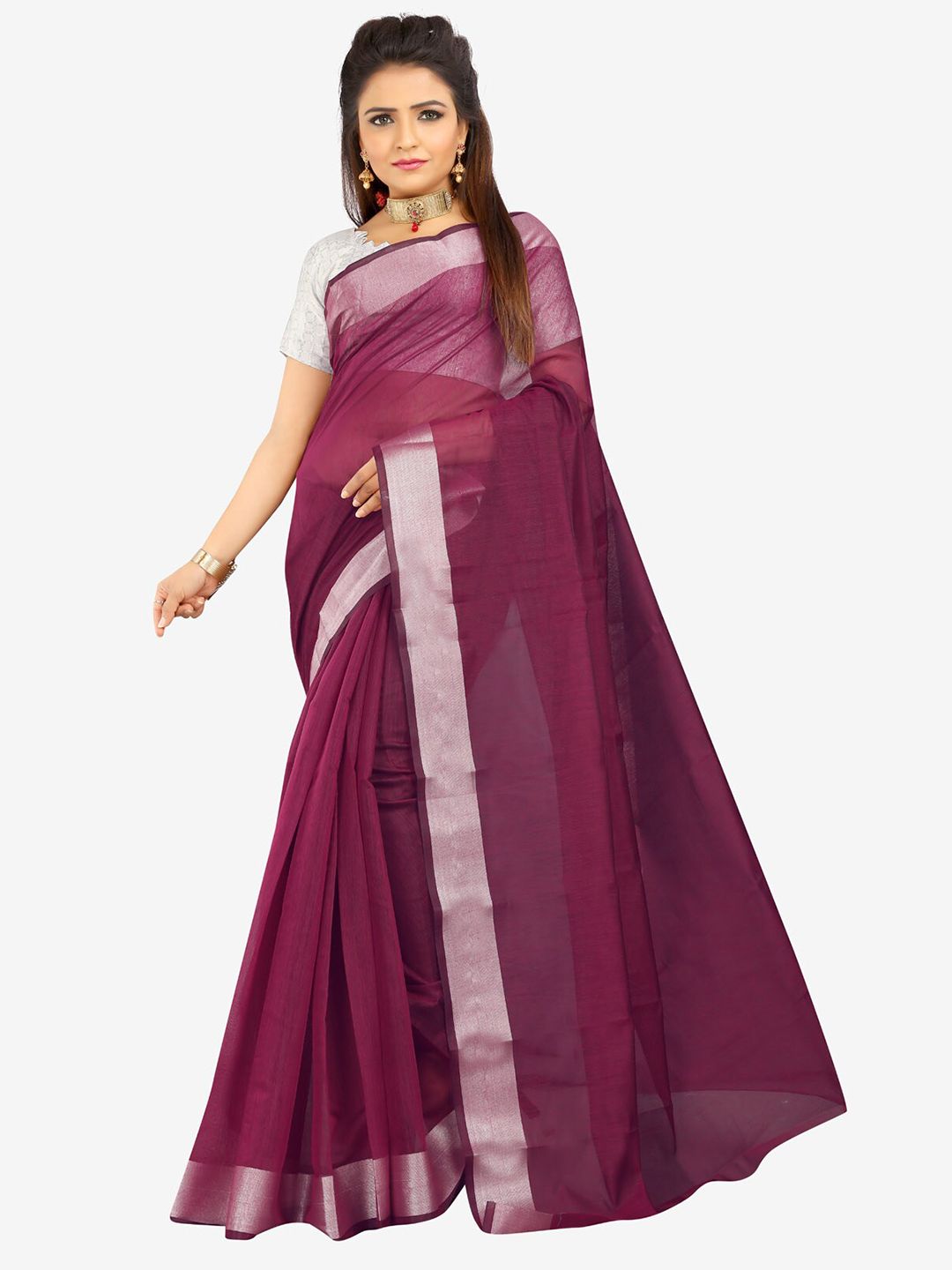 Indian Fashionista Purple & Silver-Toned Zari Silk Cotton Ready to Wear Mysore Silk Saree Price in India