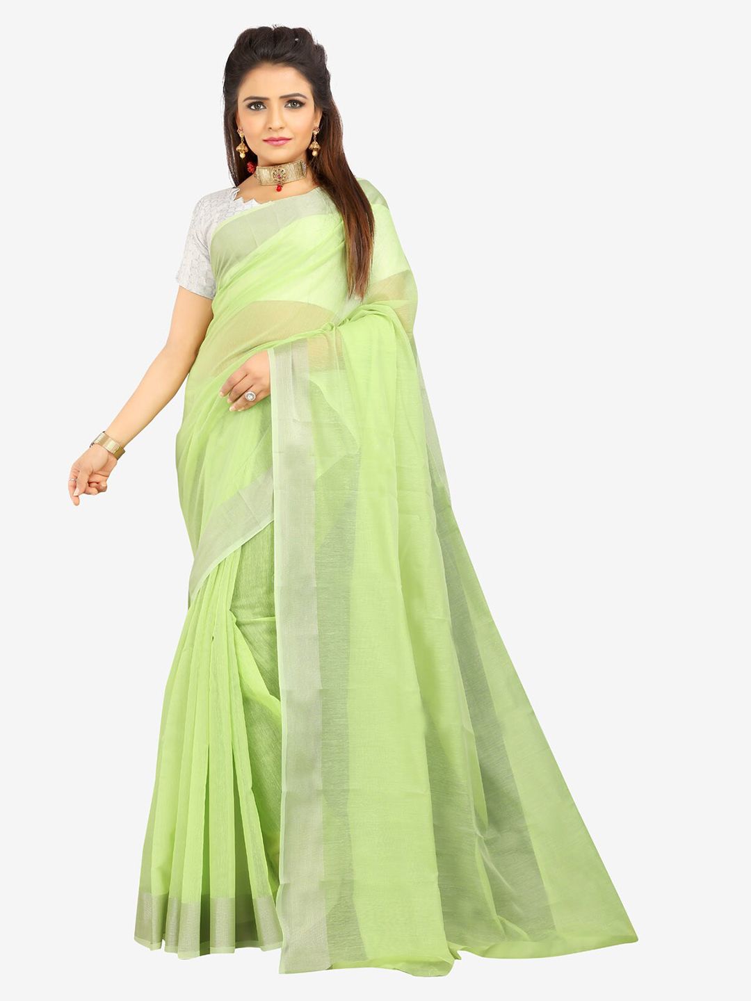 Indian Fashionista Sea Green Zari Silk Cotton Ready to Wear Mysore Silk Saree Price in India