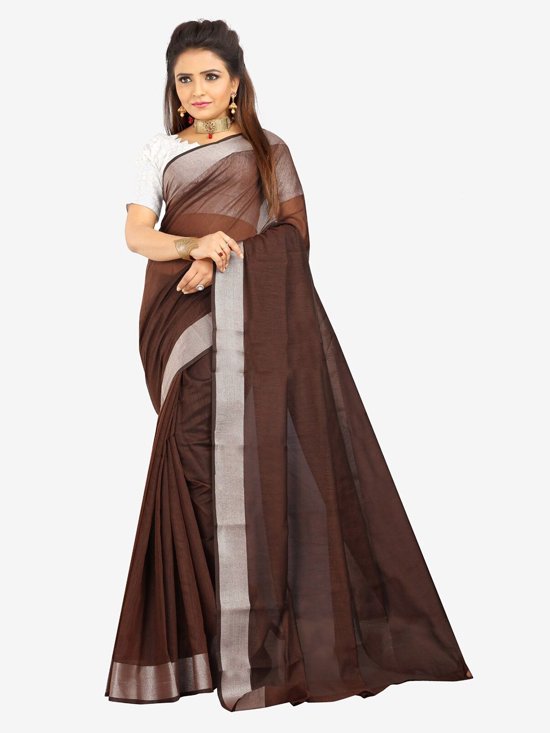 Indian Fashionista Brown & Silver-Toned Zari Silk Cotton Ready to Wear Mysore Silk Saree Price in India