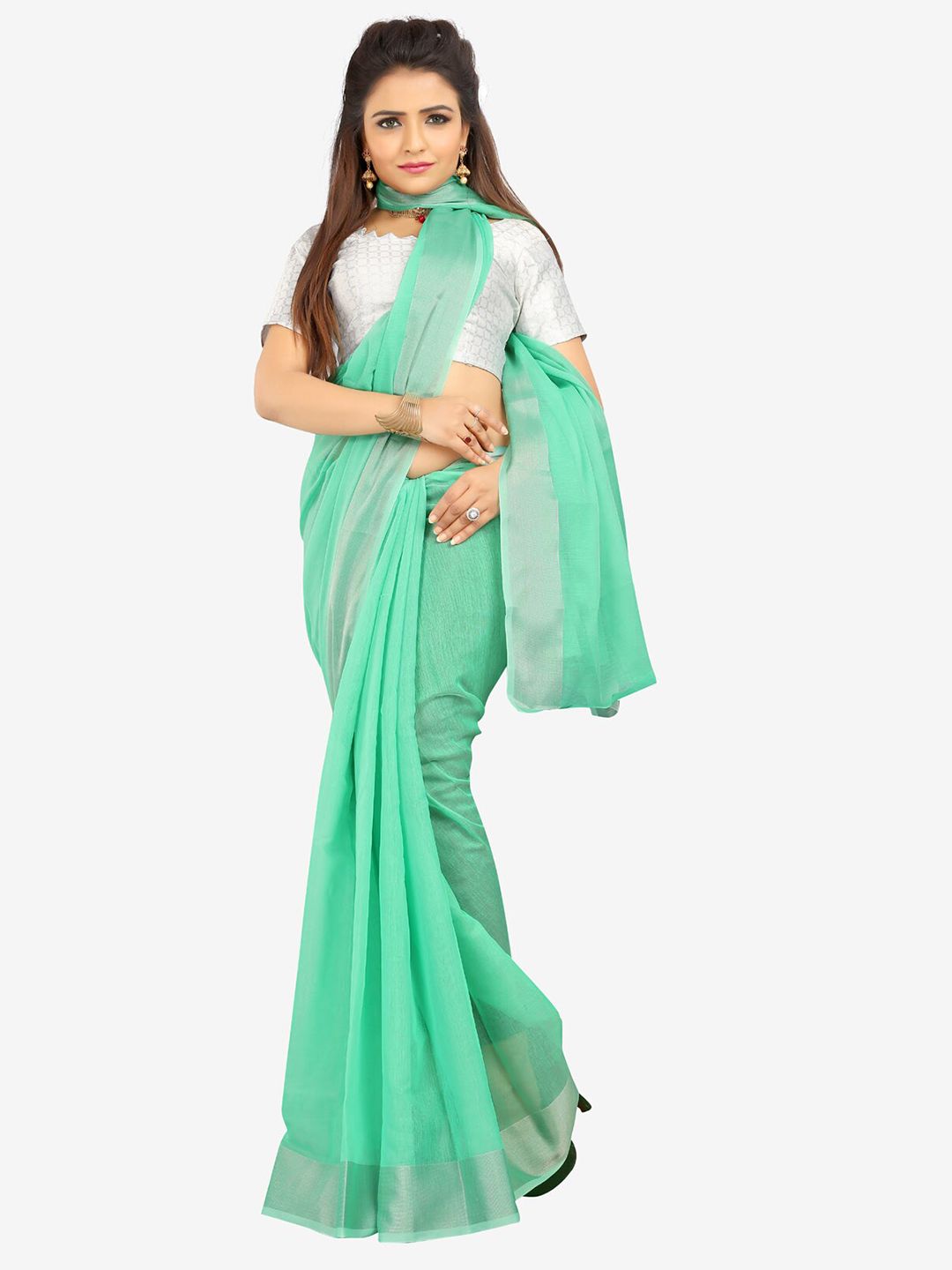 Indian Fashionista Green & Silver-Toned Zari Silk Cotton Ready to Wear Mysore Silk Saree Price in India