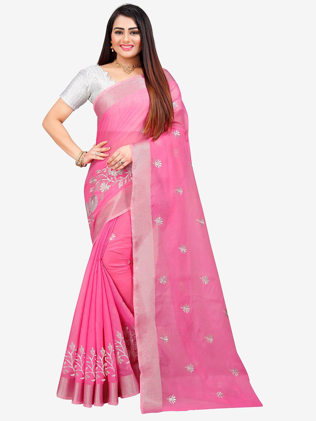 Indian Fashionista Pink & Silver-Toned Kalamkari Embroidered Silk Cotton Mysore Silk Saree Price in India