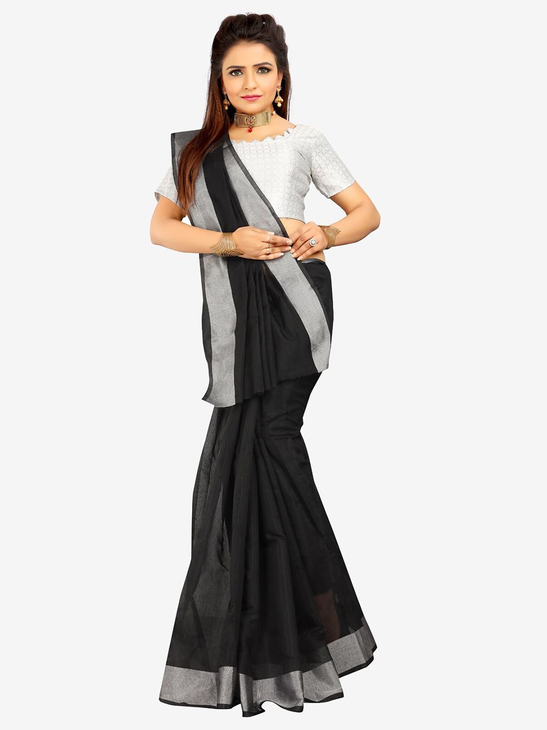 Indian Fashionista Black & Silver-Toned Zari Silk Cotton Ready to Wear Mysore Silk Saree Price in India