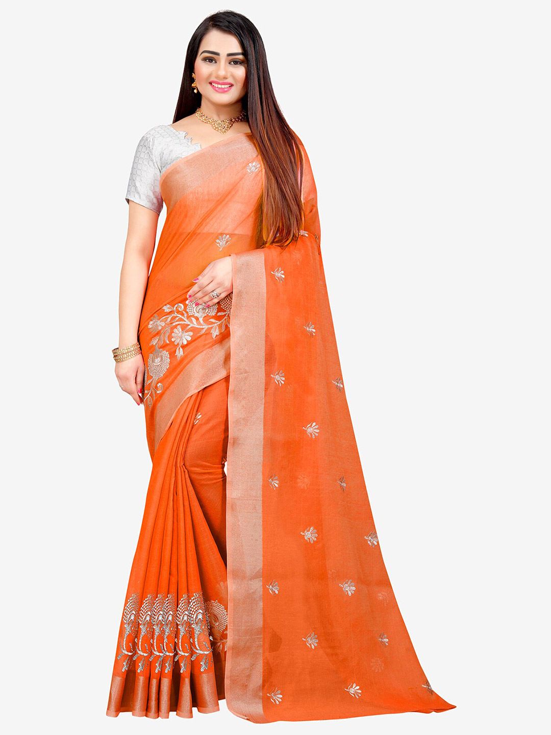 Indian Fashionista Orange & Silver-Toned Kalamkari Embroidered Silk Cotton Mysore Silk Saree Price in India