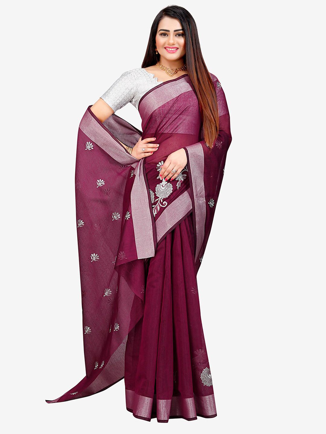 Indian Fashionista Purple & Silver-Toned Kalamkari Embroidered Silk Cotton Mysore Silk Saree Price in India