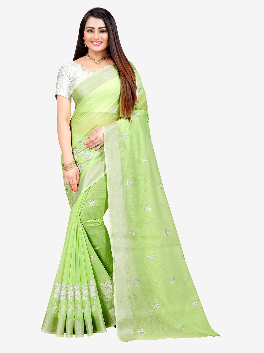 Indian Fashionista Lime Green & Silver-Toned Kalamkari Embroidered Silk Cotton Mysore Silk Saree Price in India