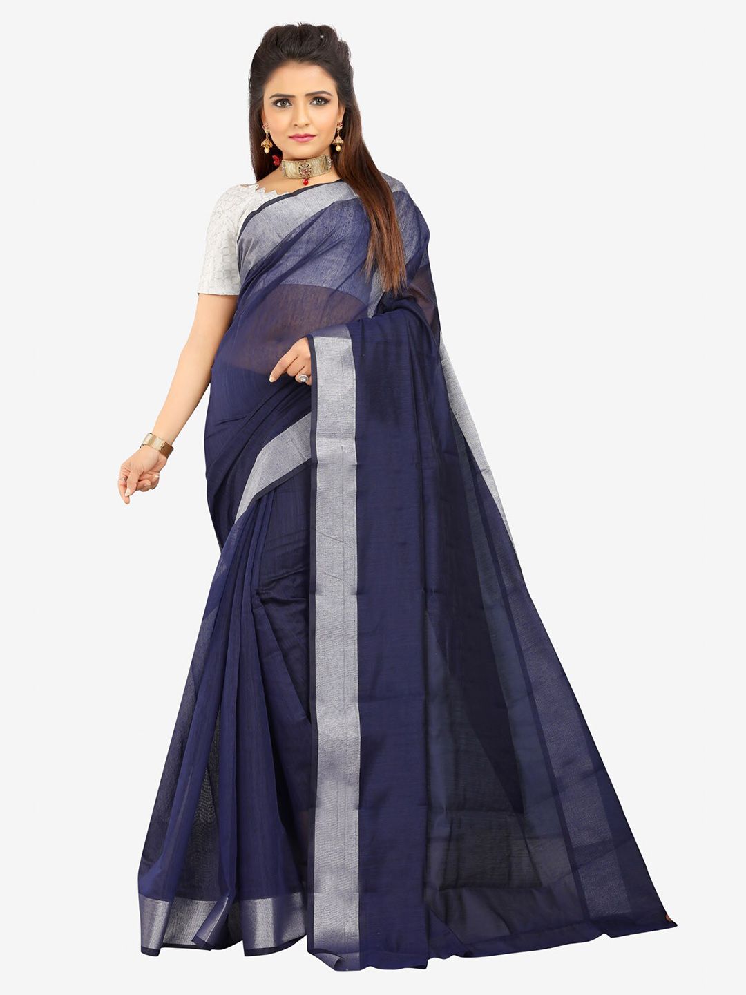 Indian Fashionista Blue & Silver-Toned Zari Silk Cotton Ready to Wear Mysore Silk Saree Price in India