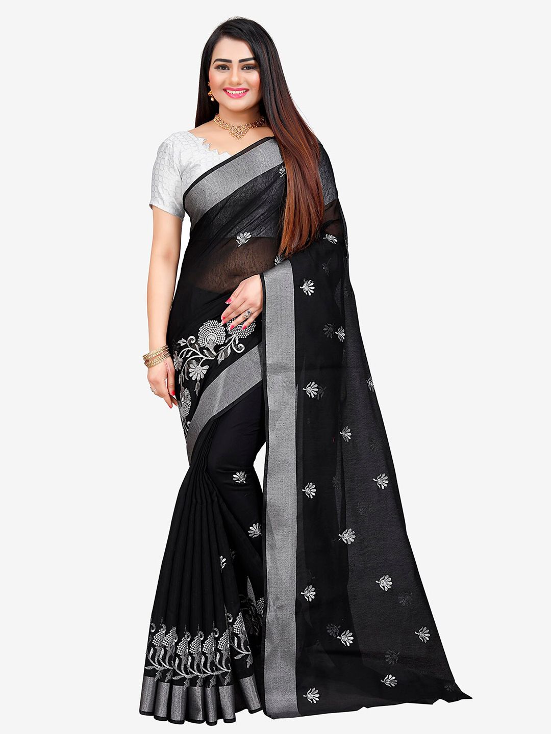 Indian Fashionista Black & Silver-Toned Kalamkari Embroidered Silk Cotton Mysore Silk Saree Price in India