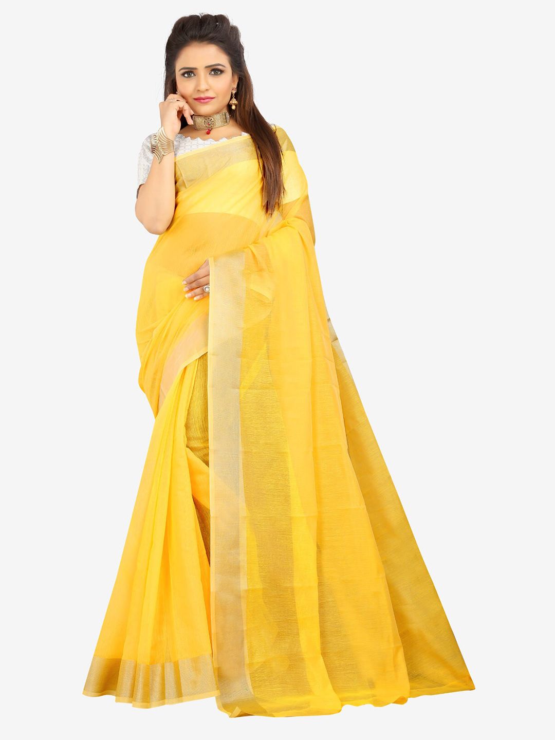 Indian Fashionista Yellow & Silver-Toned Zari Silk Cotton Mysore Silk Saree Price in India