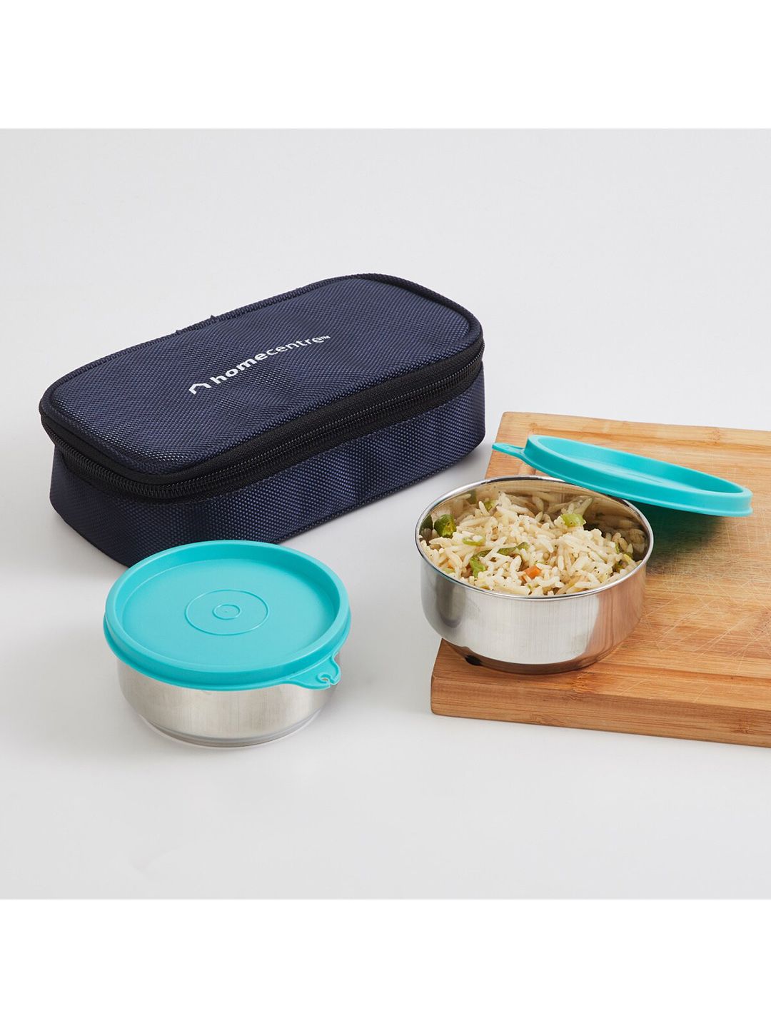 Home Centre Set of 2 Teal & Silver Solid Stainless Steel Lunch Box with Bag Price in India