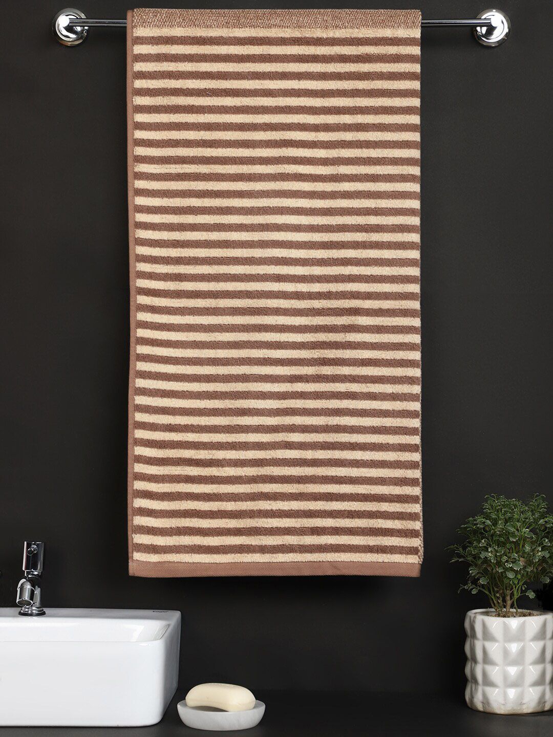 Raymond Home Unisex Brown Striped 500 GSM Cotton Bath Towel Price in India