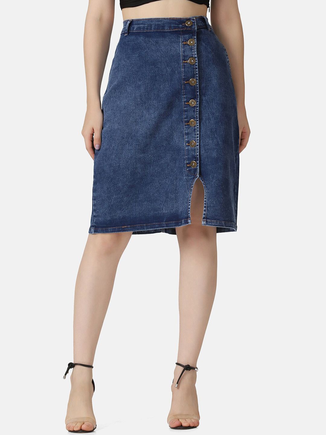 BUY NEW TREND Women Blue Solid Denim A-Line Knee length Skirts Price in India