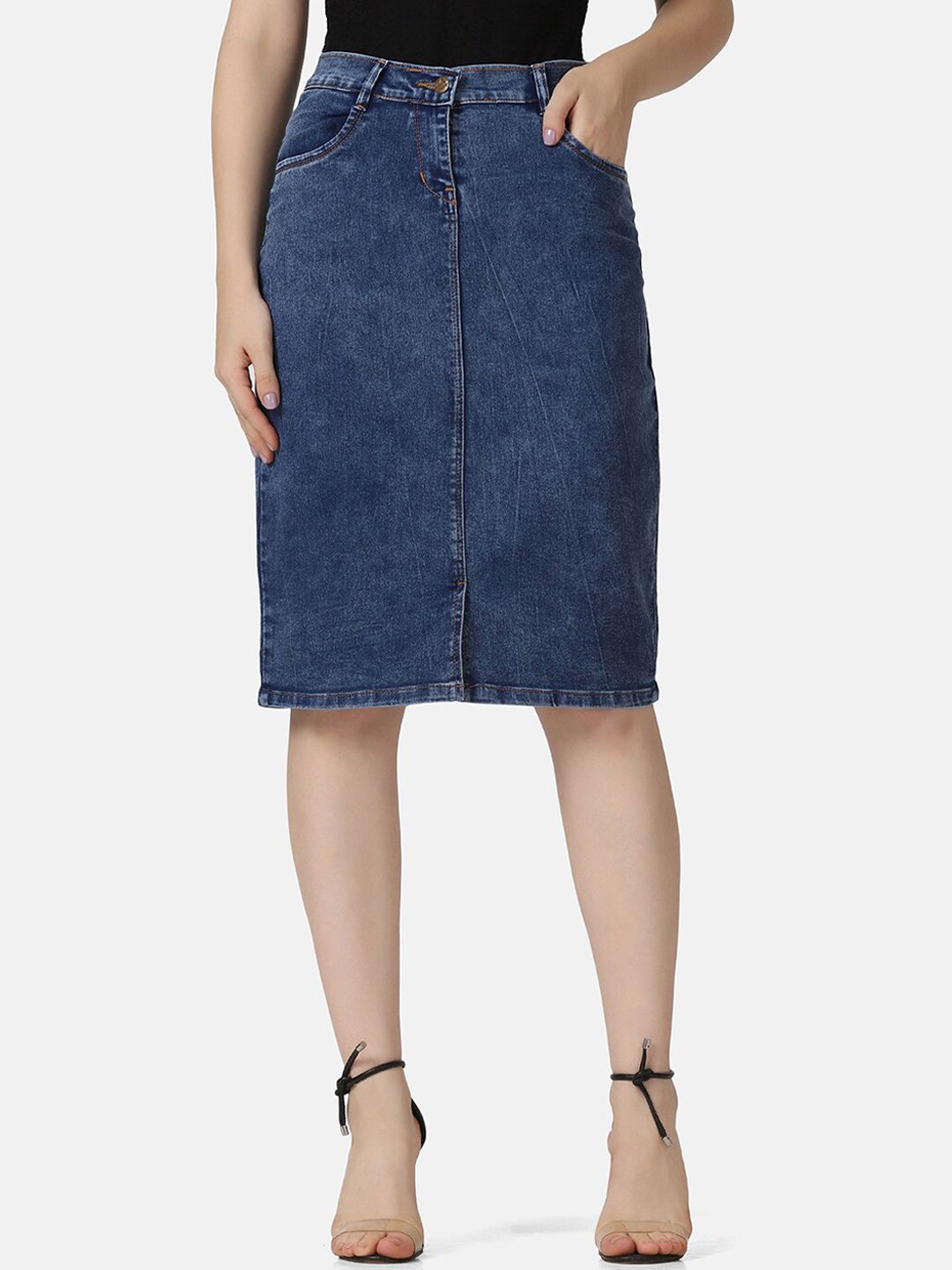 BUY NEW TREND Women Blue Solid Denim Knee Length Skirt Price in India