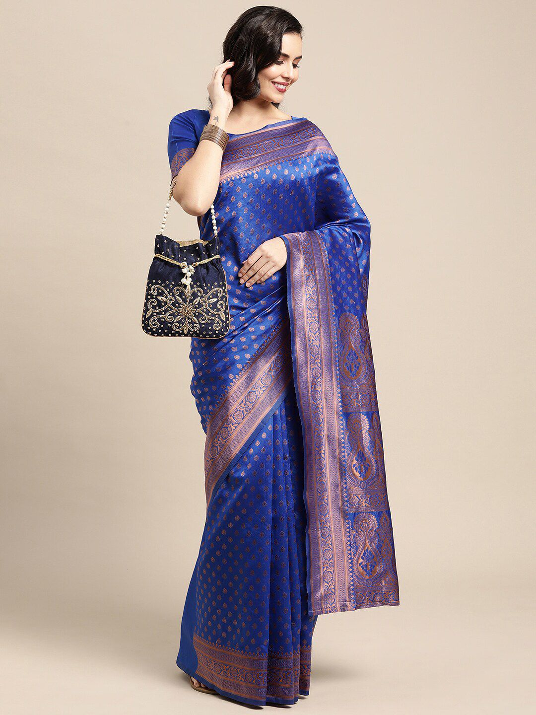 Saree mall Blue & Gold-Toned Woven Design Zari Silk Blend Banarasi Sarees Price in India