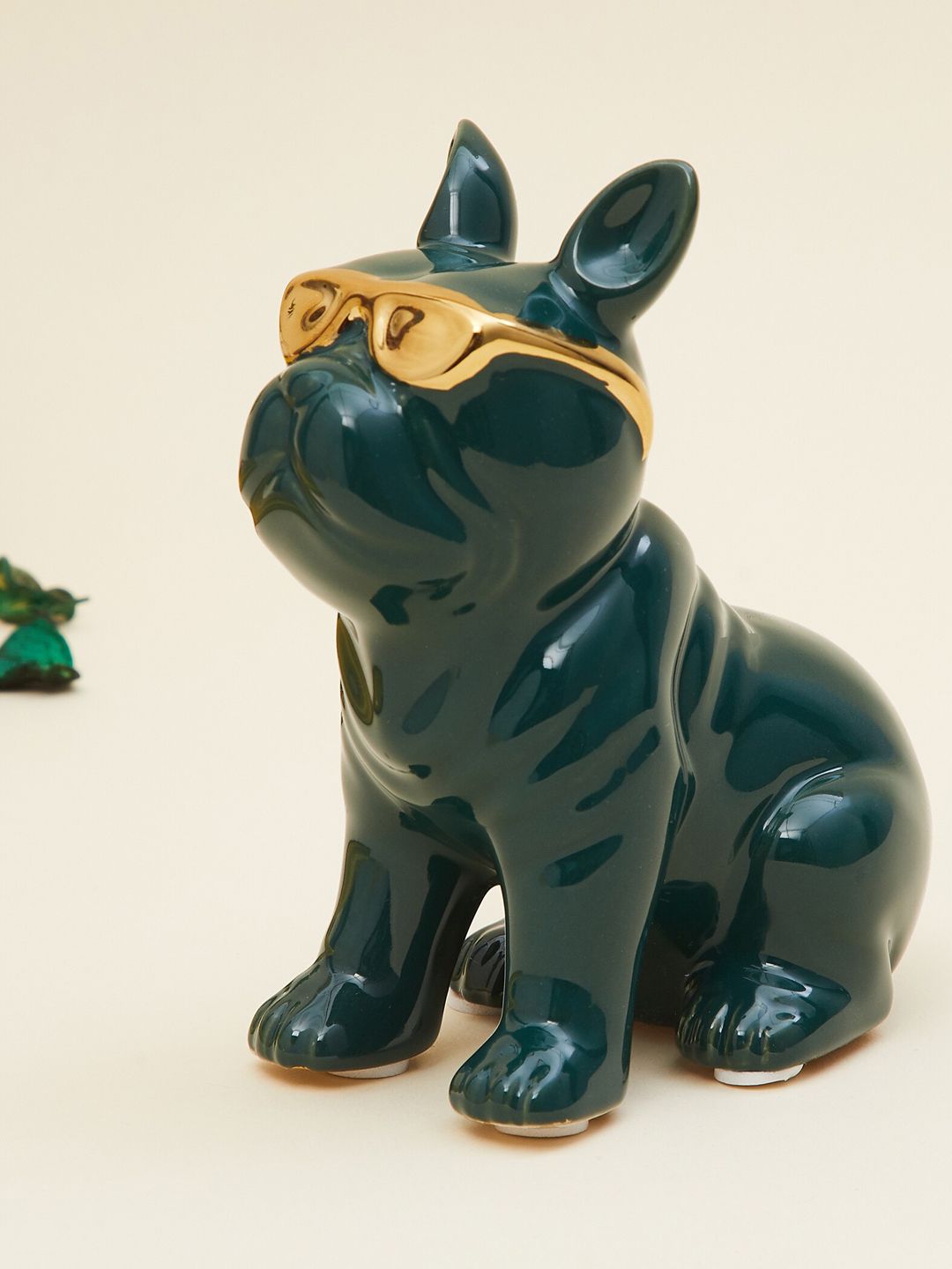 Home Centre Gold-Toned & Green Solid Ceramic Sitting Dog Figurine Showpieces Price in India