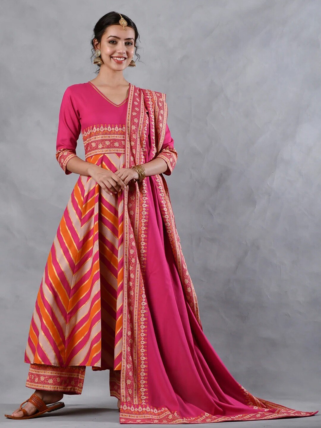 Rustorange Women Pink Printed Pleated Kurta with Churidar & With Dupatta Price in India