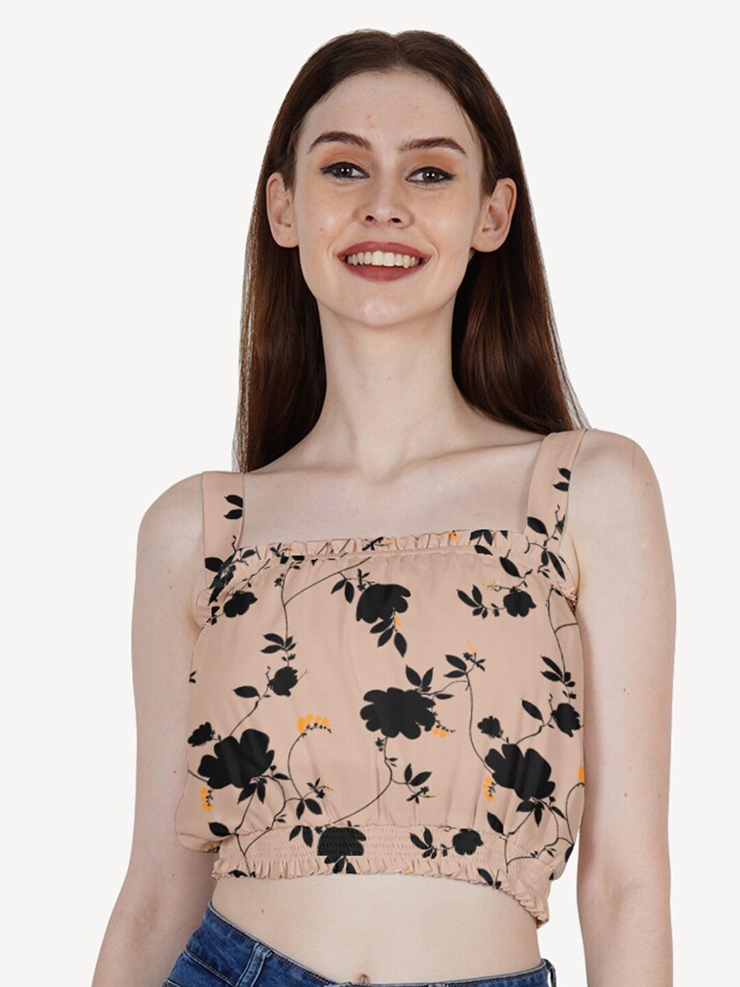 DressBerry Women Beige Floral Print Crepe Top Price in India