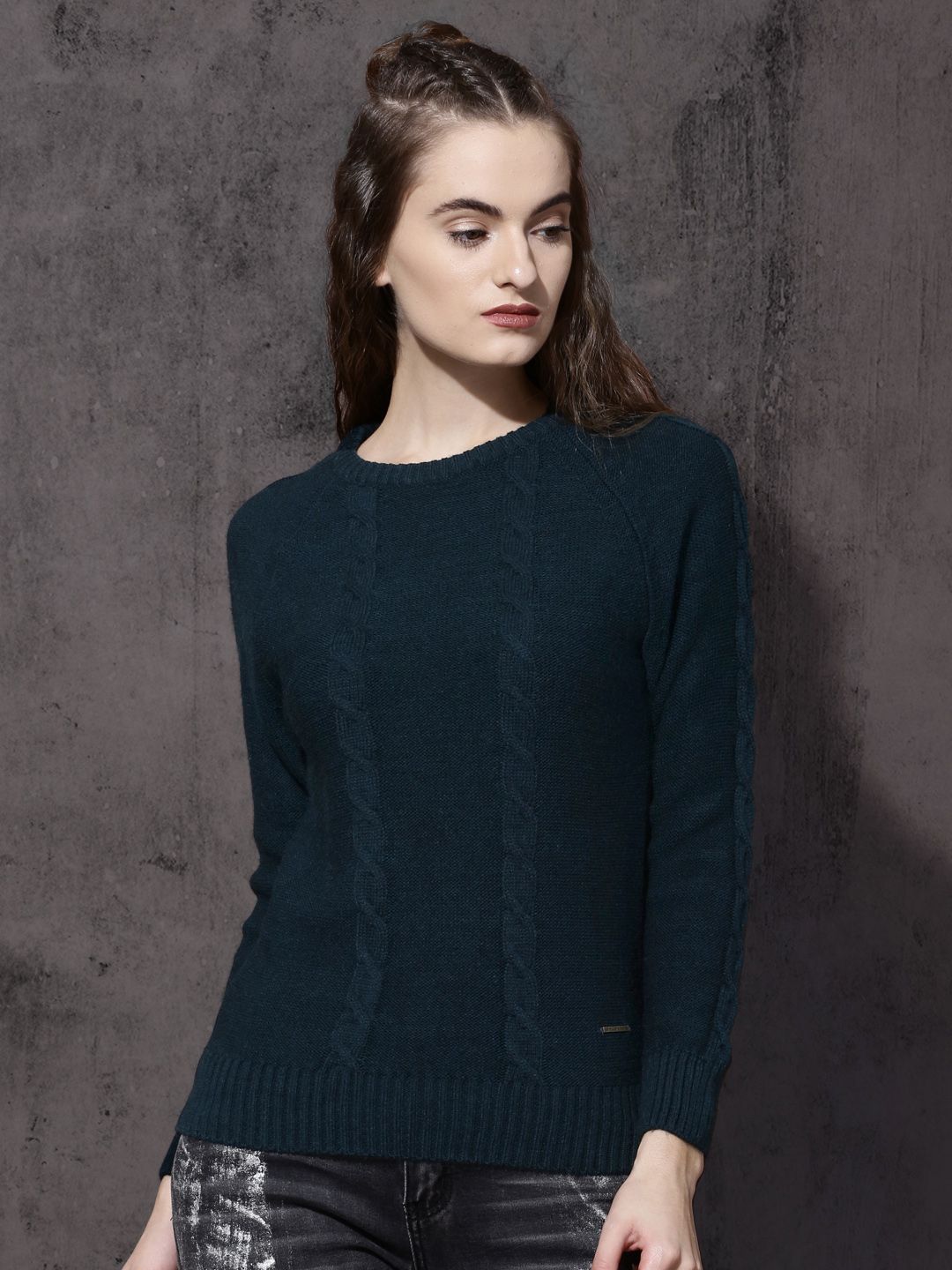 Roadster Women Teal Blue Self-Design Sweater Price in India
