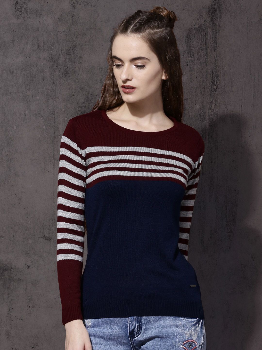 Roadster Women Maroon & Navy Striped Sweater Price in India
