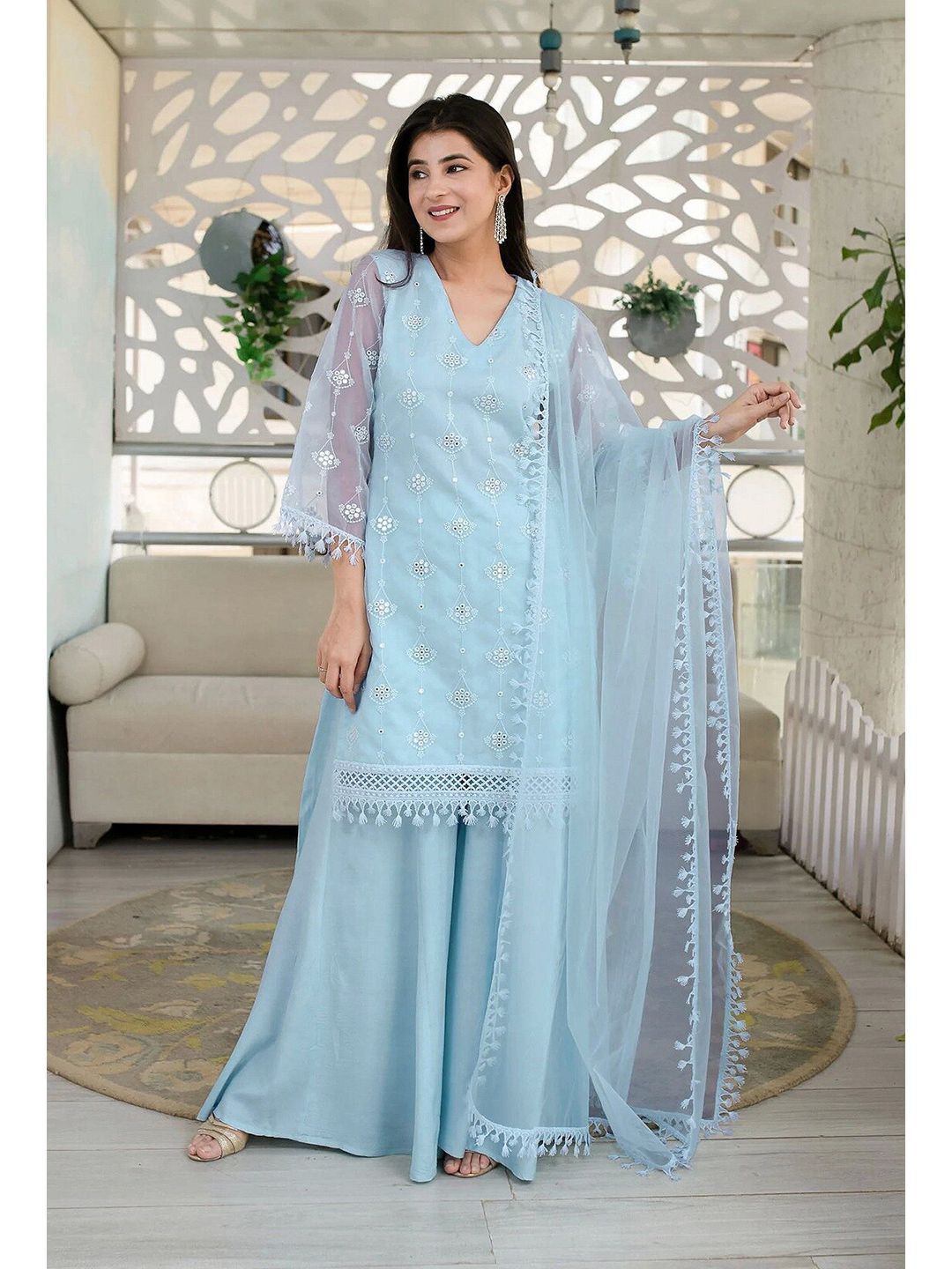 Fashionuma Blue Embroidered Semi-Stitched Dress Material Price in India
