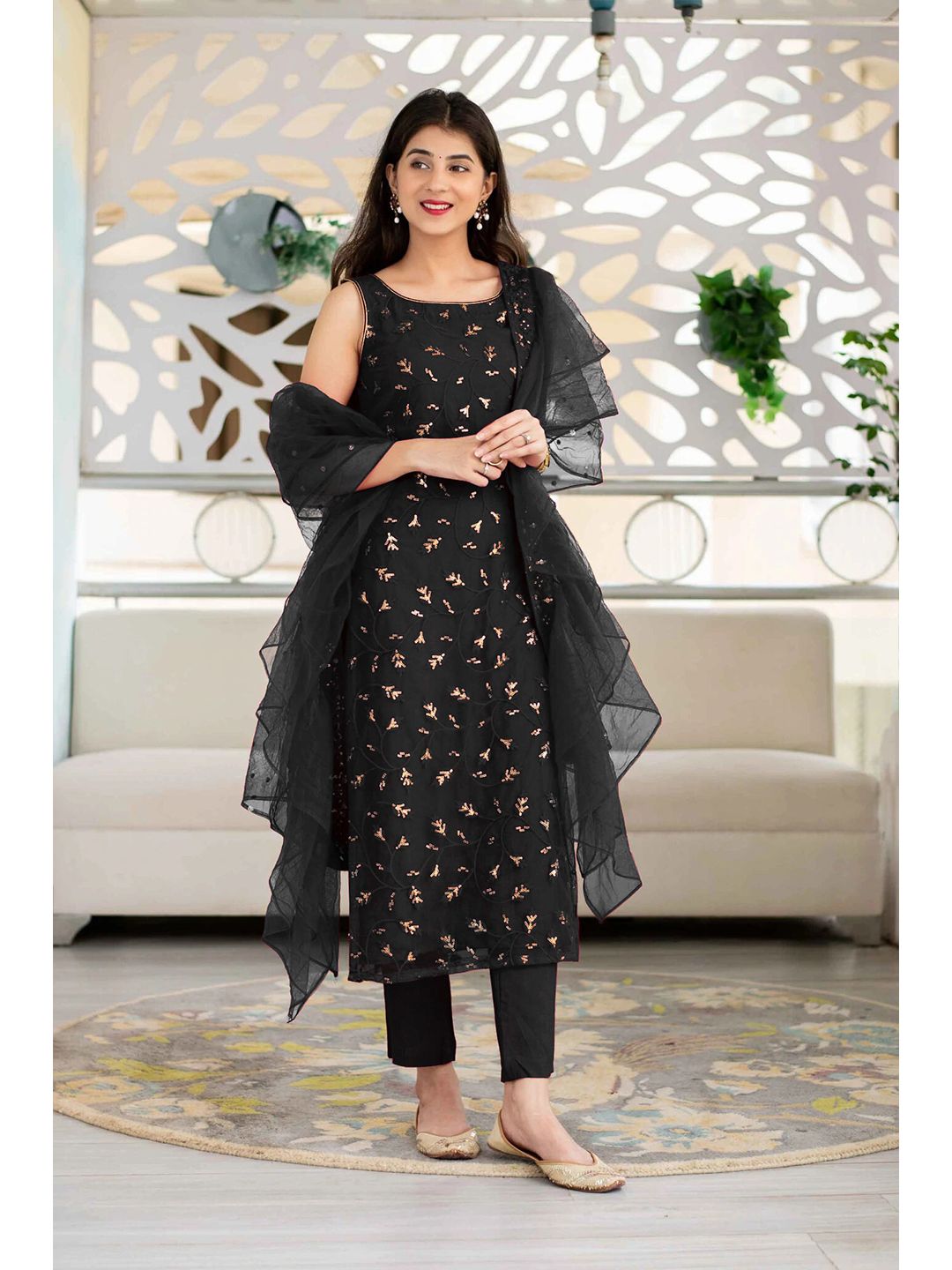 Fashionuma Black & Gold-Toned Embroidered Semi-Stitched Dress Material Price in India