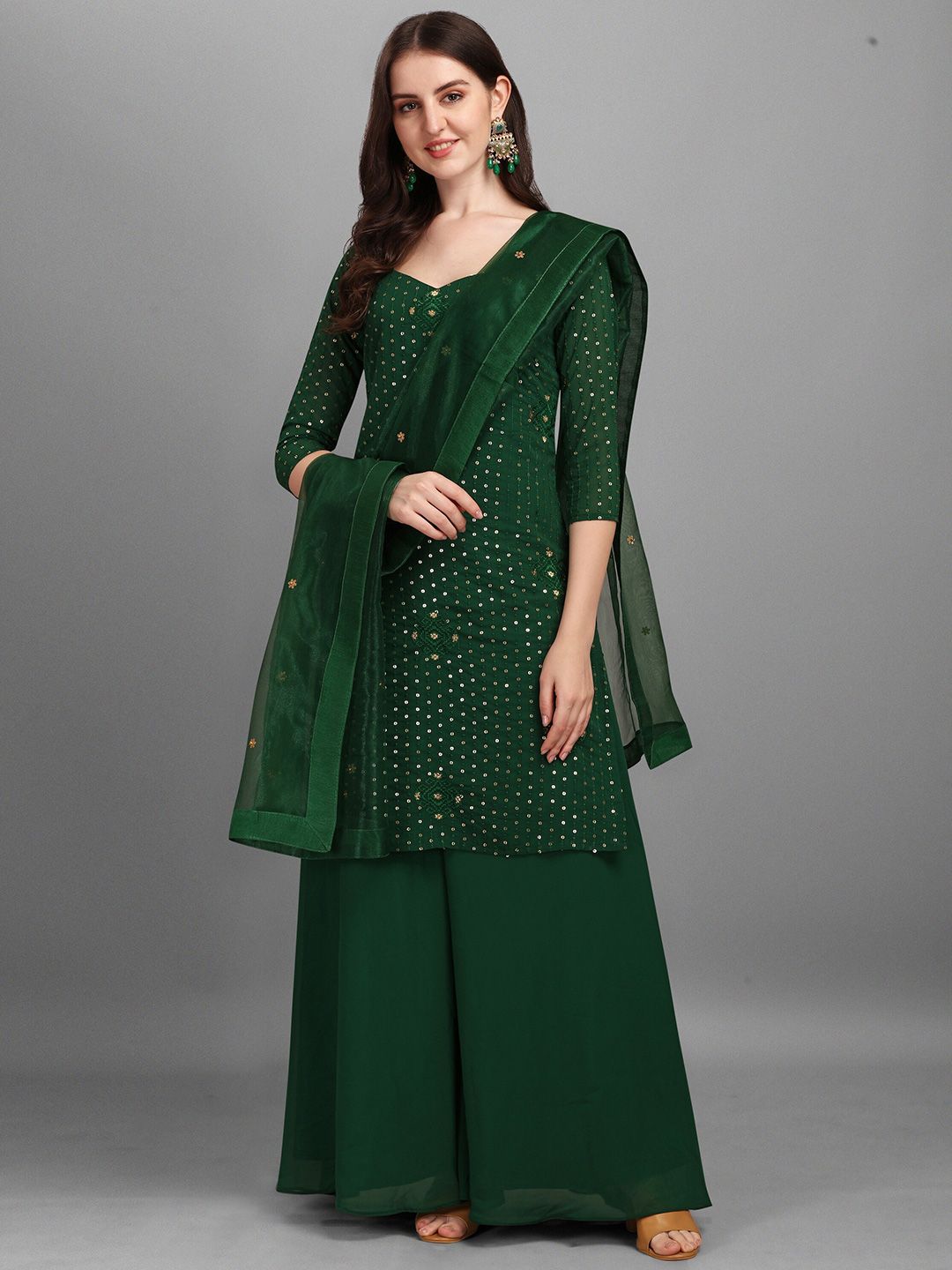 Fashionuma Green & Gold-Toned Embroidered Semi-Stitched Dress Material Price in India