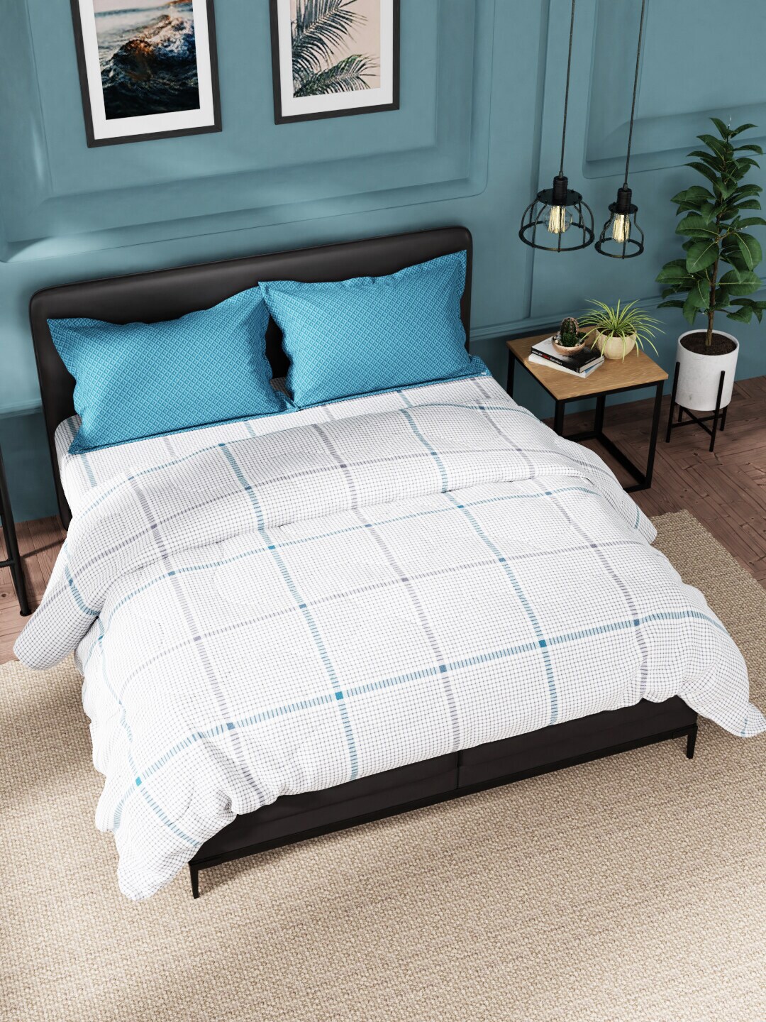 Nautica Grey Checked Cotton Double King Bedding Set With Comforter Price in India