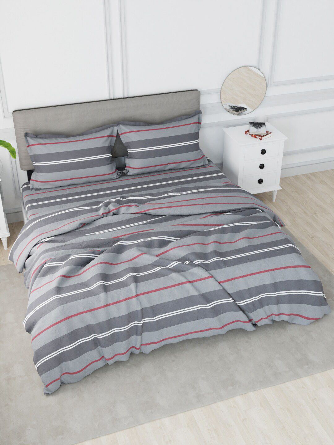 Nautica Grey Striped Cotton Double King Bedding Set With Comforter Price in India
