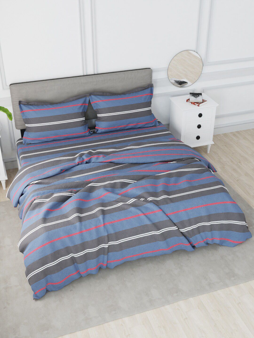 Nautica Blue Striped Cotton Double King Bedding Set With Comforter Price in India