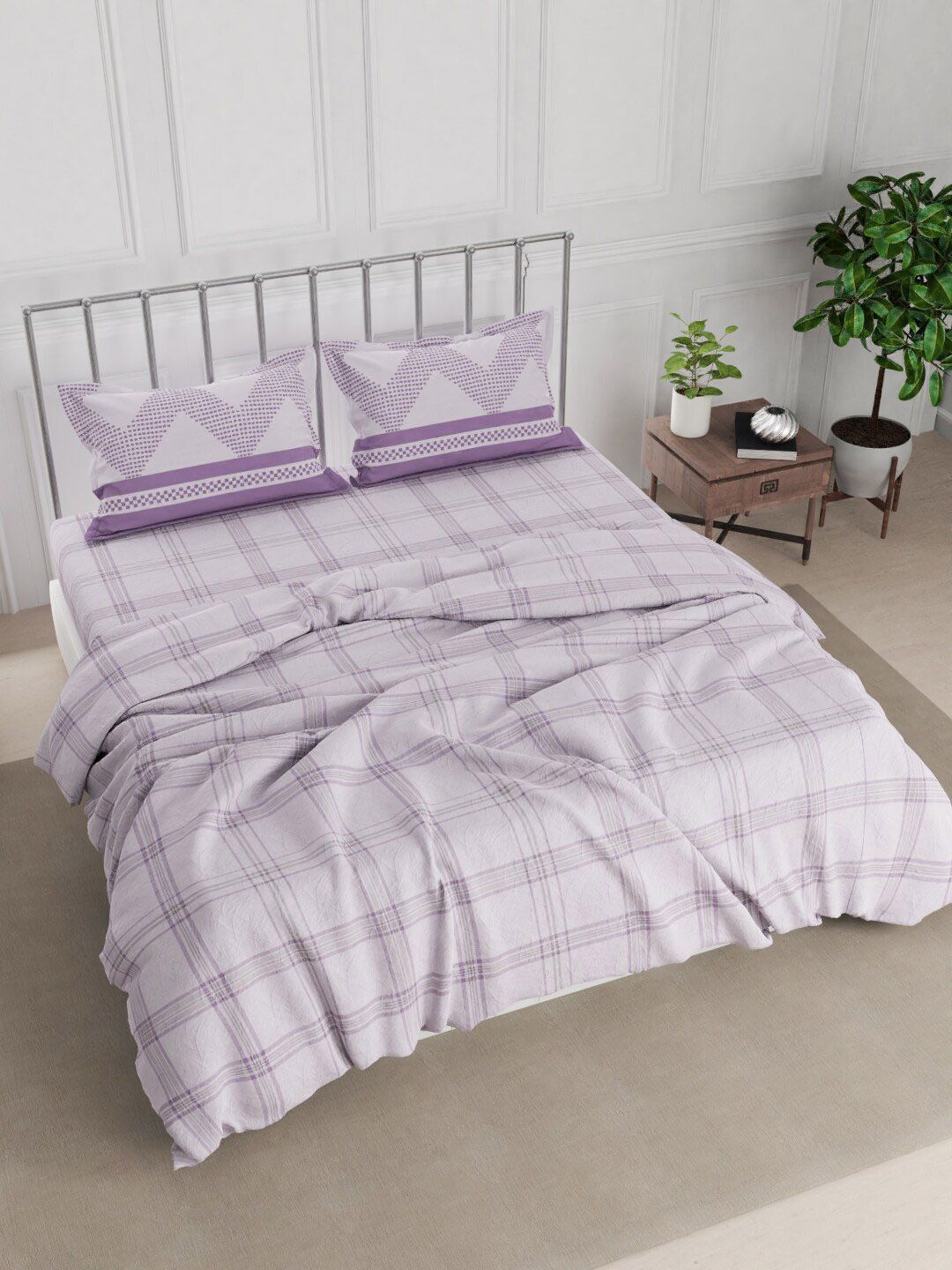 Nautica Purple Checked Cotton Double King Bedding Set With Comforter And 2 Pillow Covers Price in India