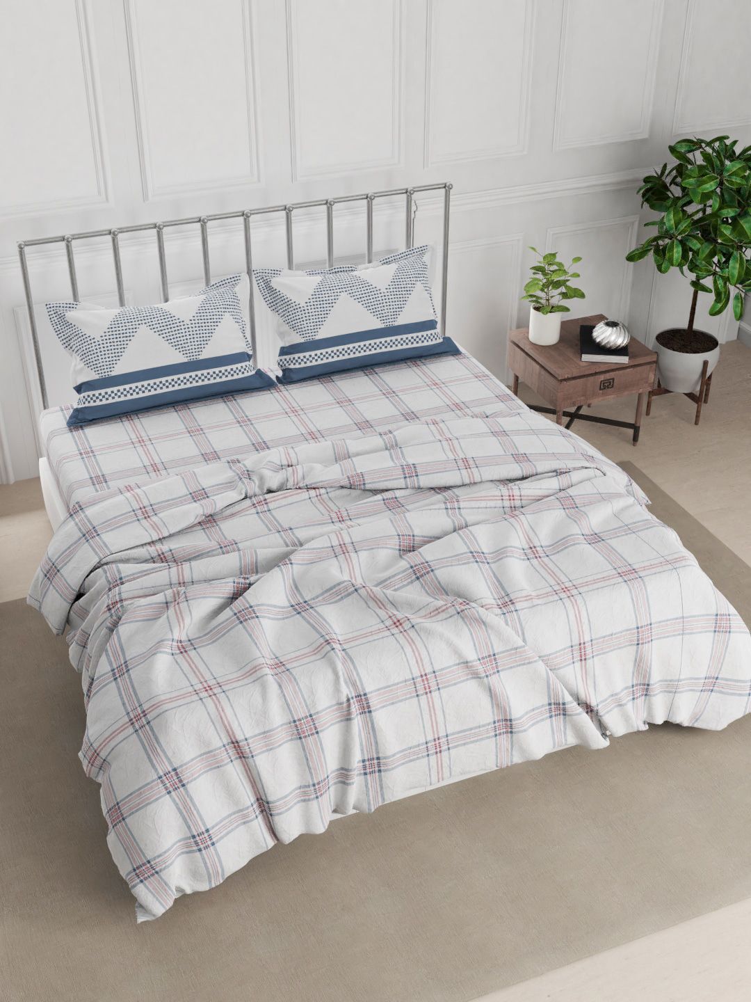 Nautica   Off White Checked Cotton Double King Bedding Set With Comforter Price in India
