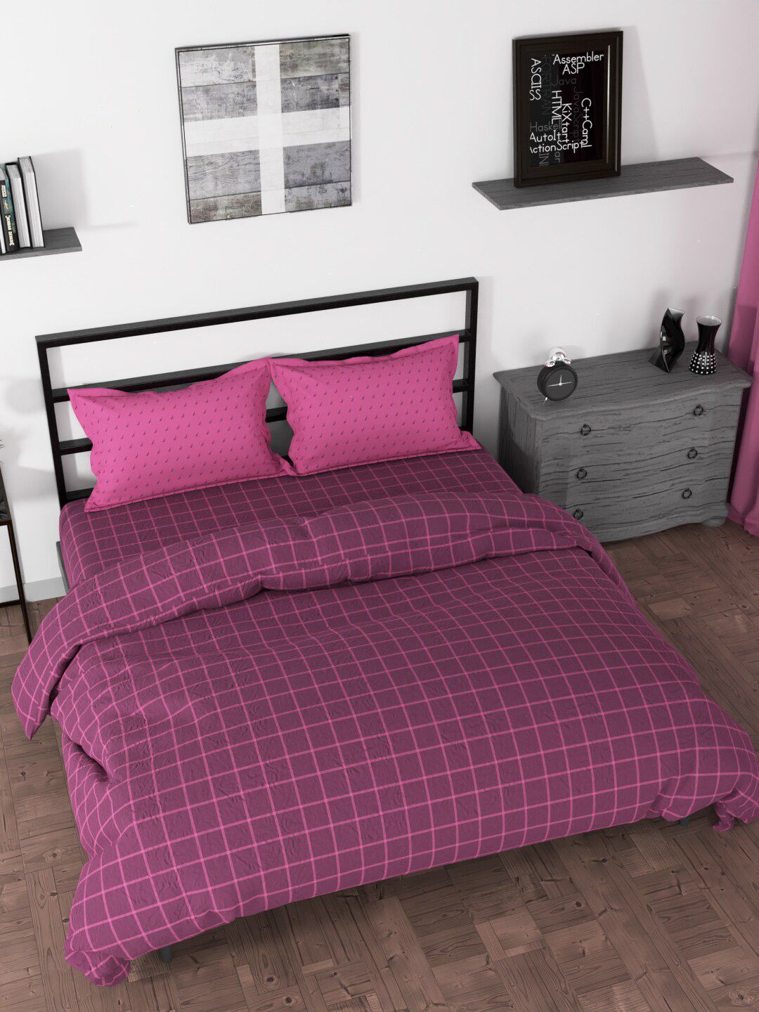 Nautica Maroon & Pink Checked Cotton Double King Bedding Set With Comforter Price in India