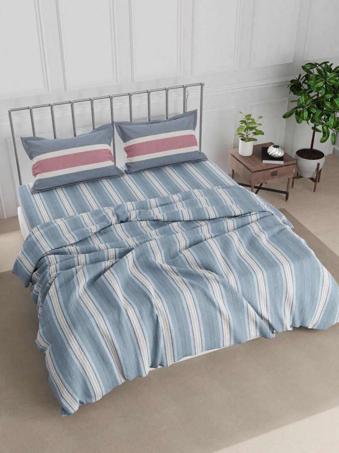 Nautica Blue Striped Cotton Double King Bedding Set With Comforter Price in India