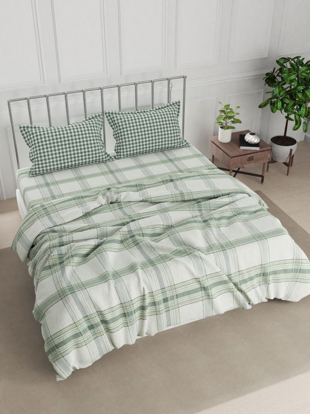 Nautica Green Checked Cotton Double King Bedding Set With Comforter Price in India