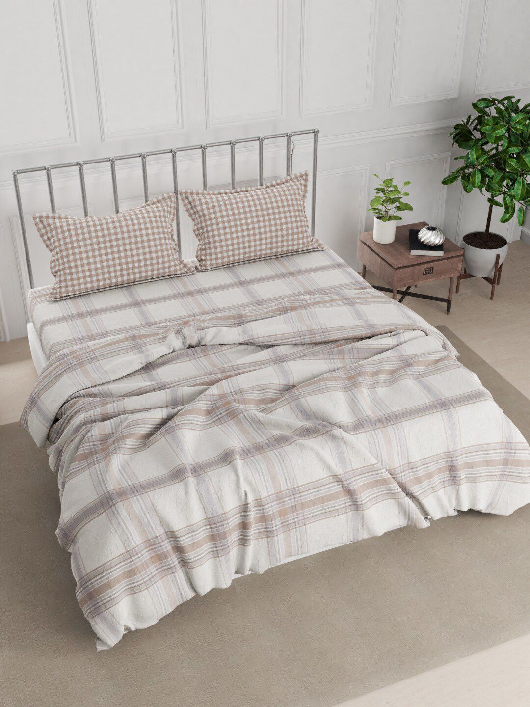 Nautica Beige Checked Cotton Double King Bedding Set With Comforter Price in India
