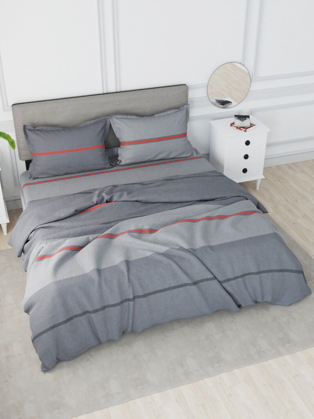 Nautica Grey & Red Striped Cotton Double King Bedding Set With Comforter Price in India