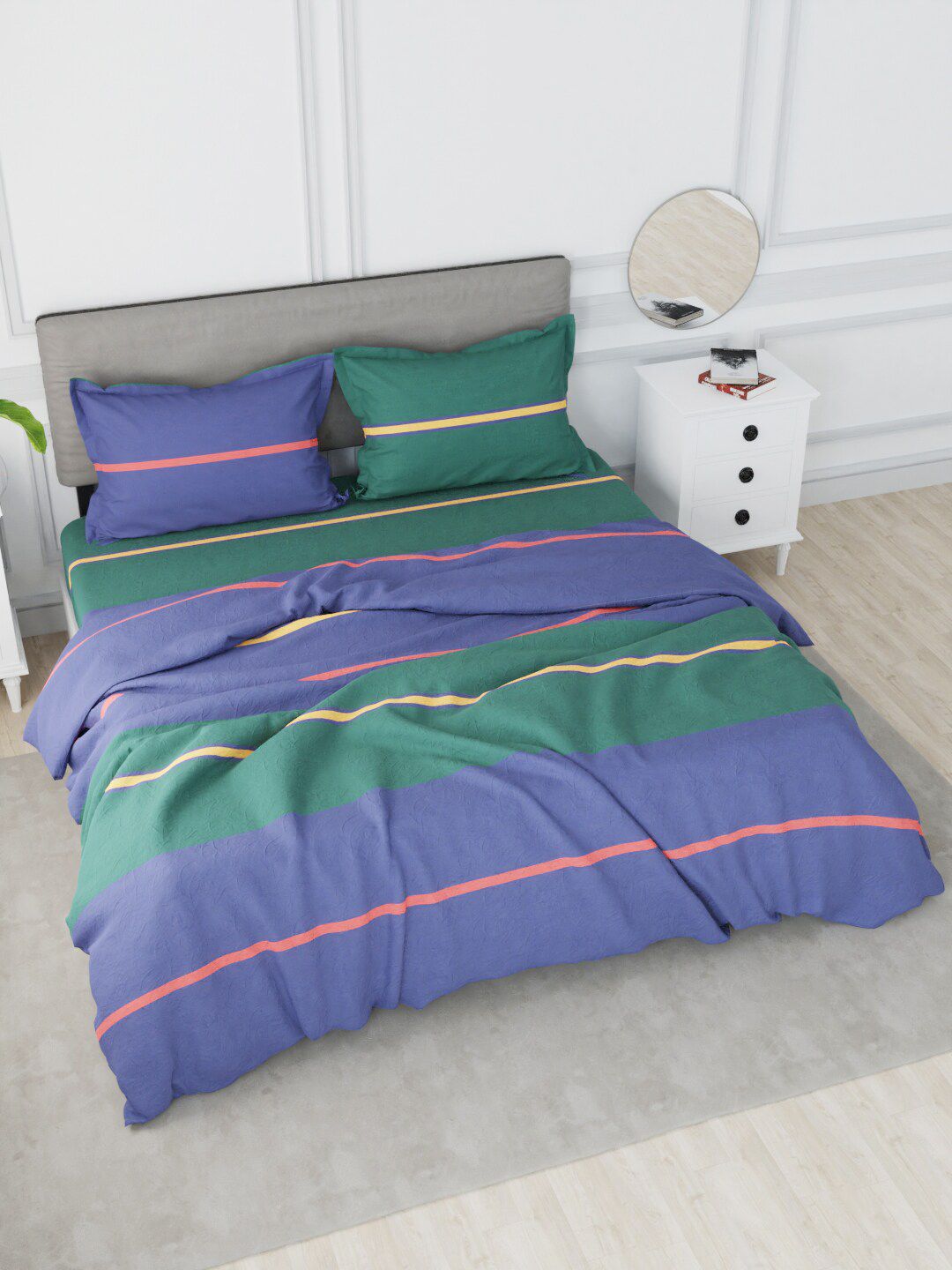 Nautica Blue & Green Striped Cotton Double King Bedding Set With Comforter Price in India