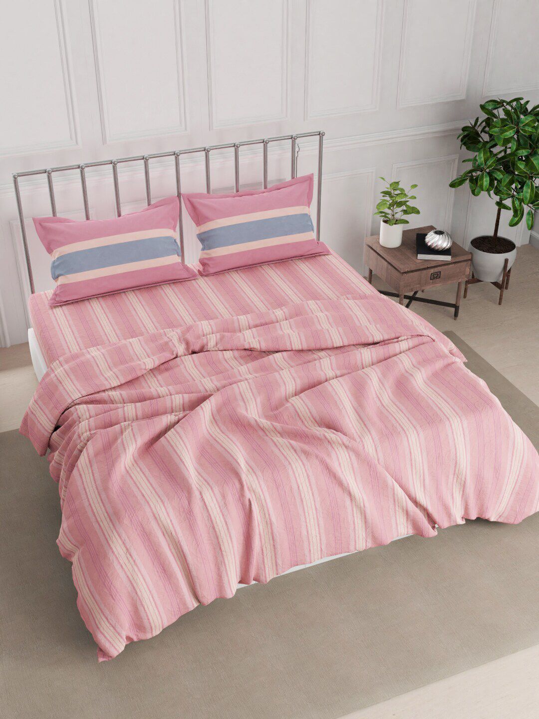 Nautica Peach Coloured Striped Cotton Double King Bedding Set With Comforter Price in India