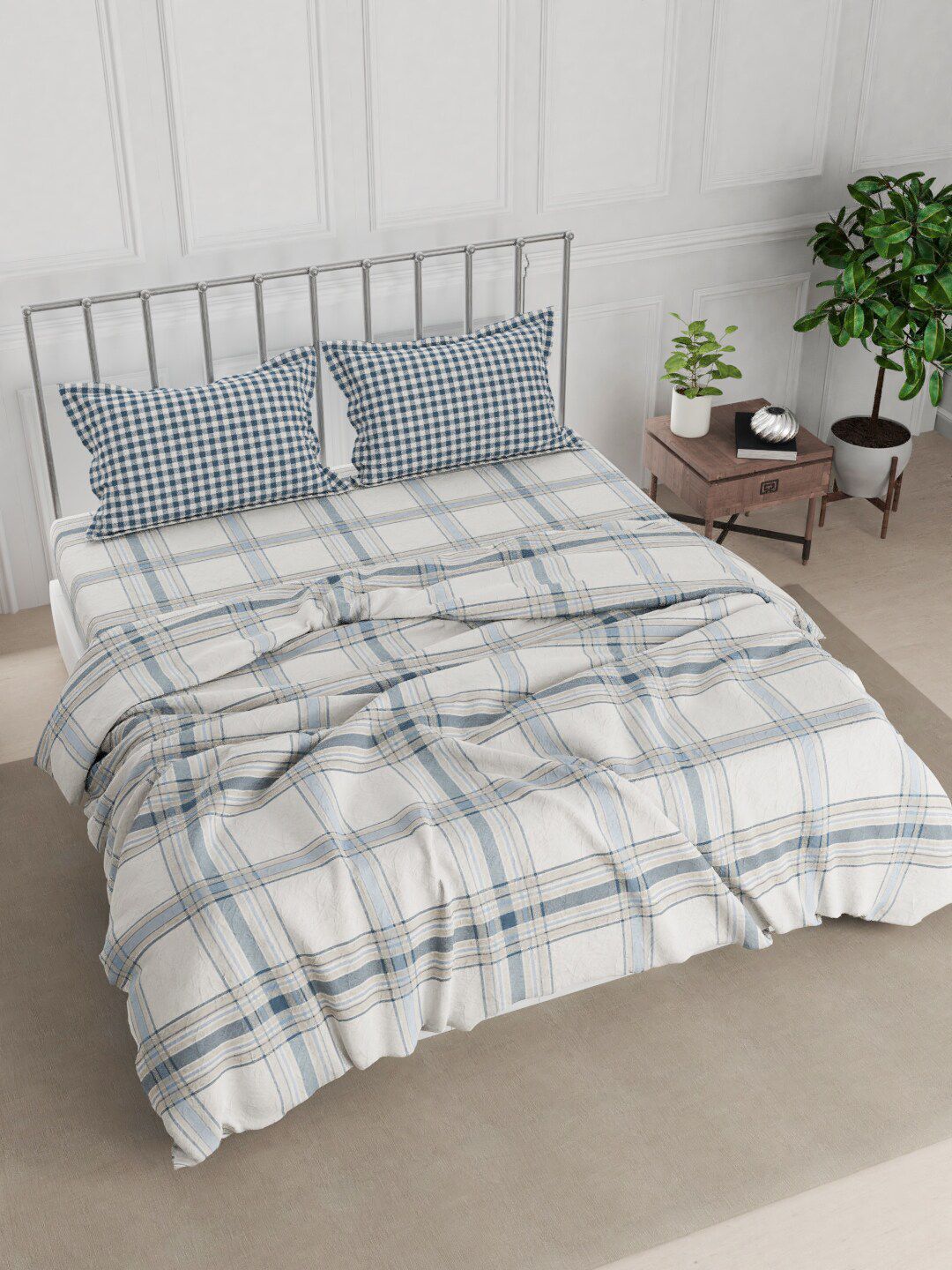 Nautica Blue & Beige Checked Cotton Double King Bedding Set With Comforter Price in India