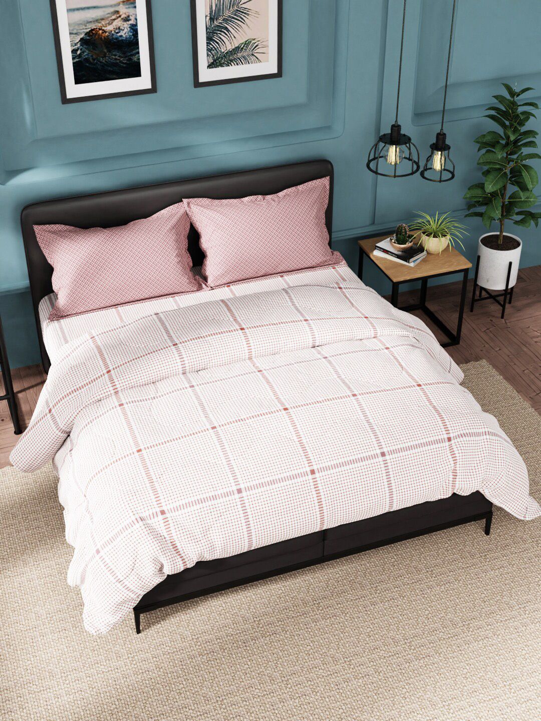 Nautica Pink & Red Checked Cotton Double King Bedding Set With Comforter Price in India