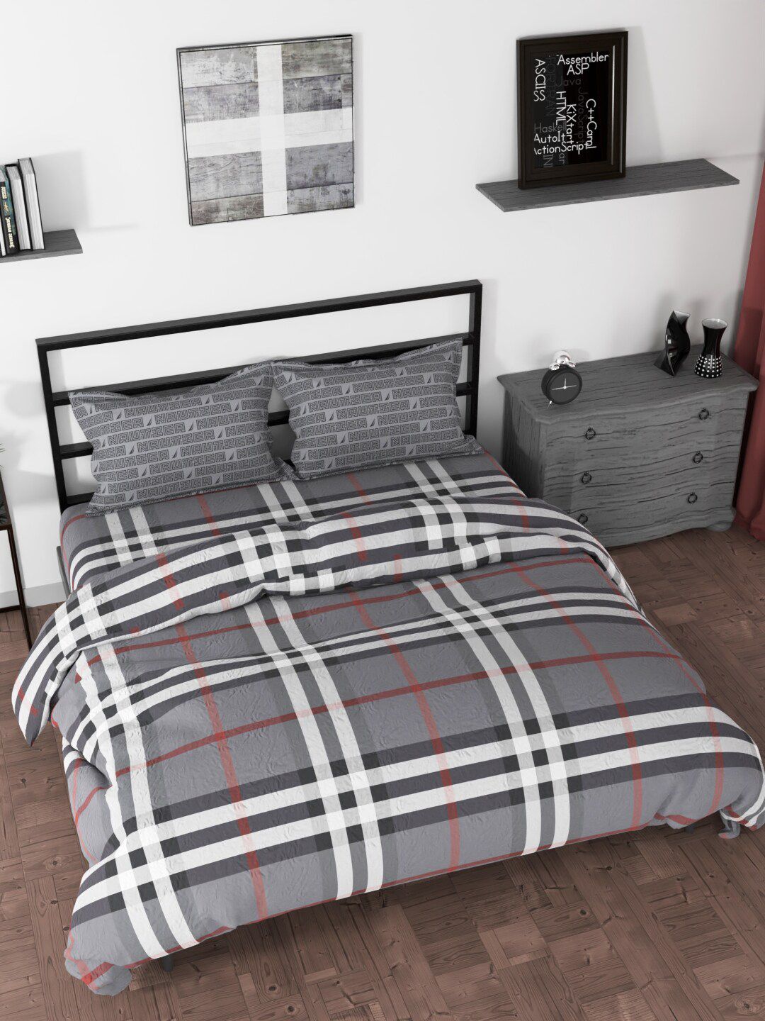 Nautica Grey Checked Pure Cotton Double King Bedding Set With Comforter Price in India