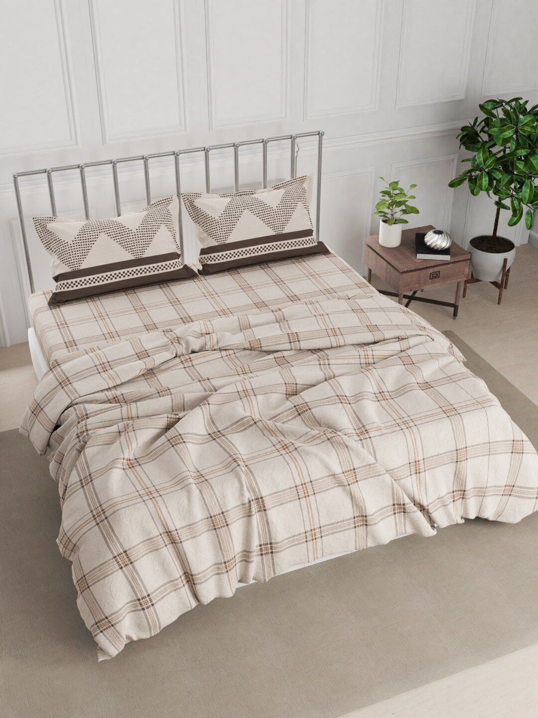 Nautica Brown Checked Cotton Double King Bedding Set With Comforter Price in India