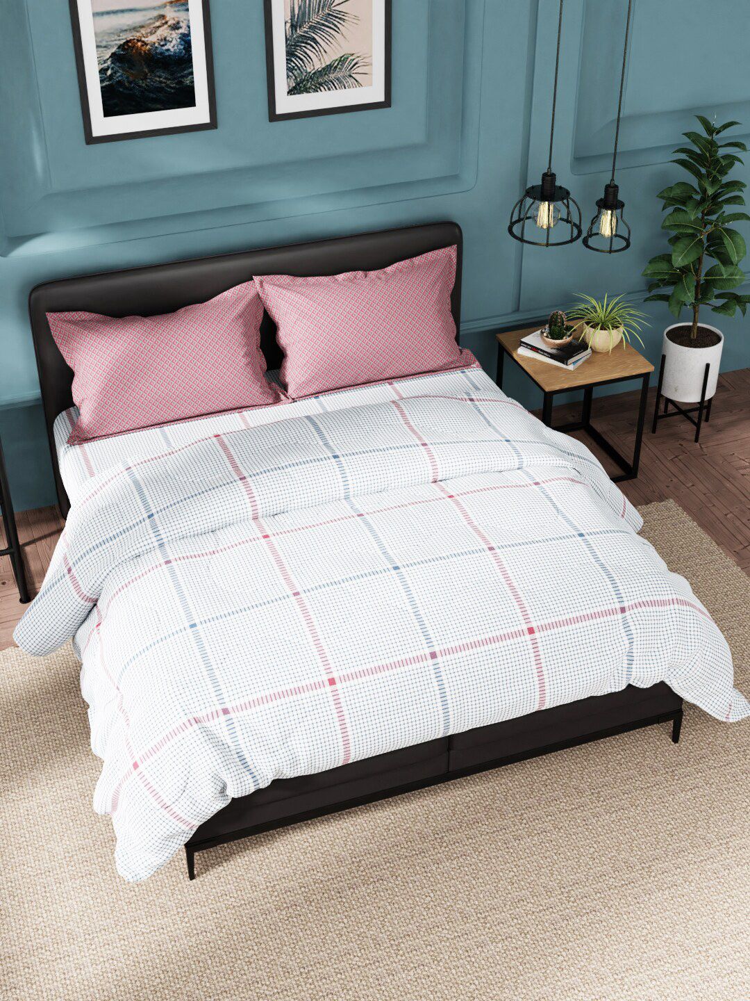 Nautica Blue & Red Checked Cotton Double King Bedding Set With Comforter Price in India