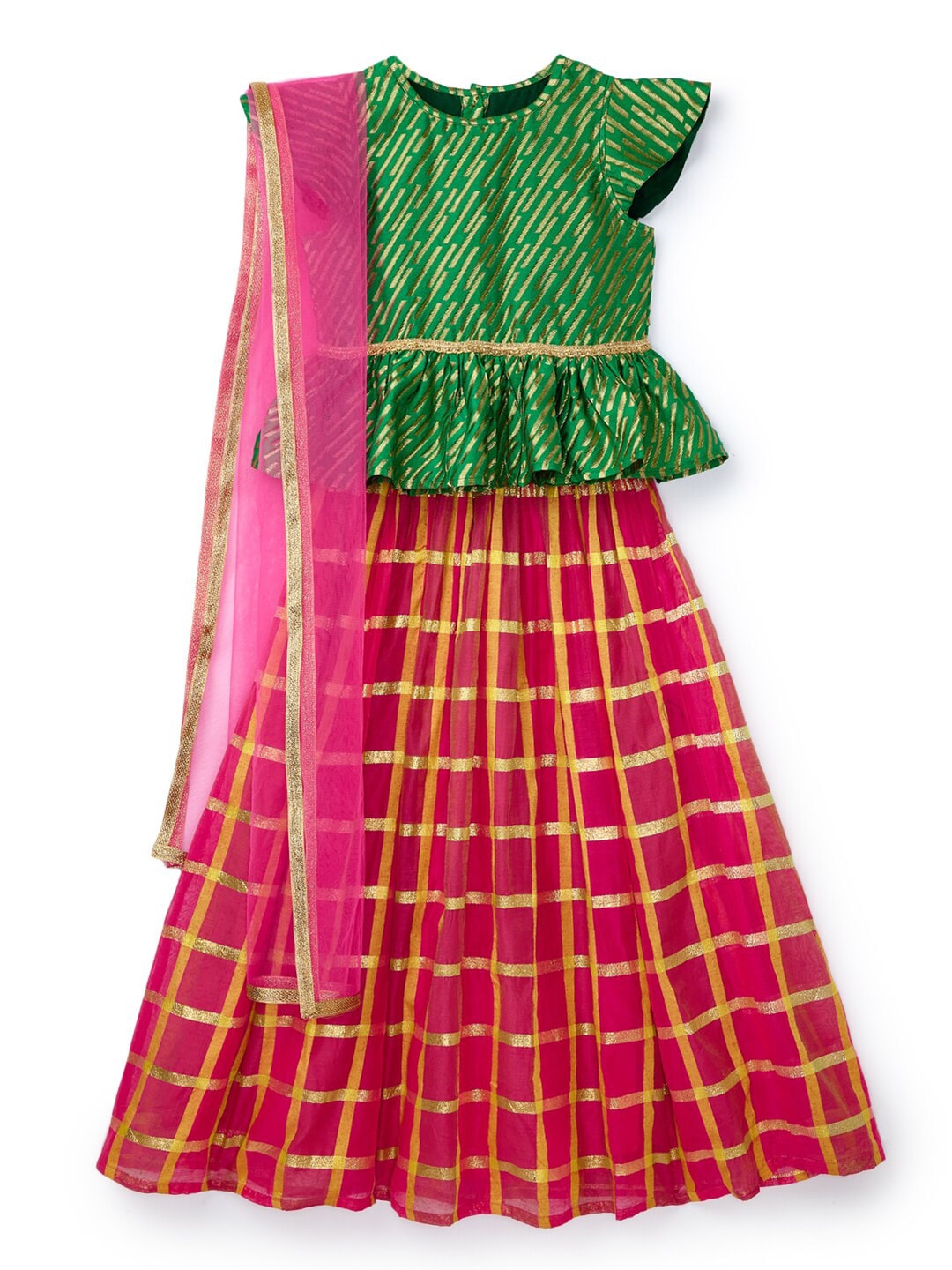 HERE&NOW Girls Green & Pink Printed Ready to Wear Lehenga & Blouse With Dupatta Price in India