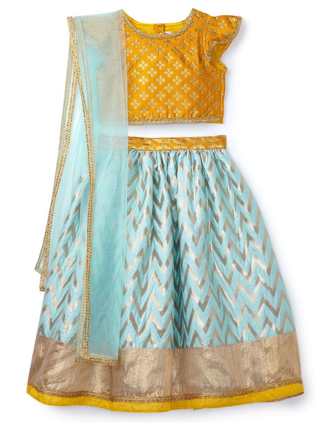 HERE&NOW Girls Blue & Yellow Ready to Wear Lehenga Choli Price in India