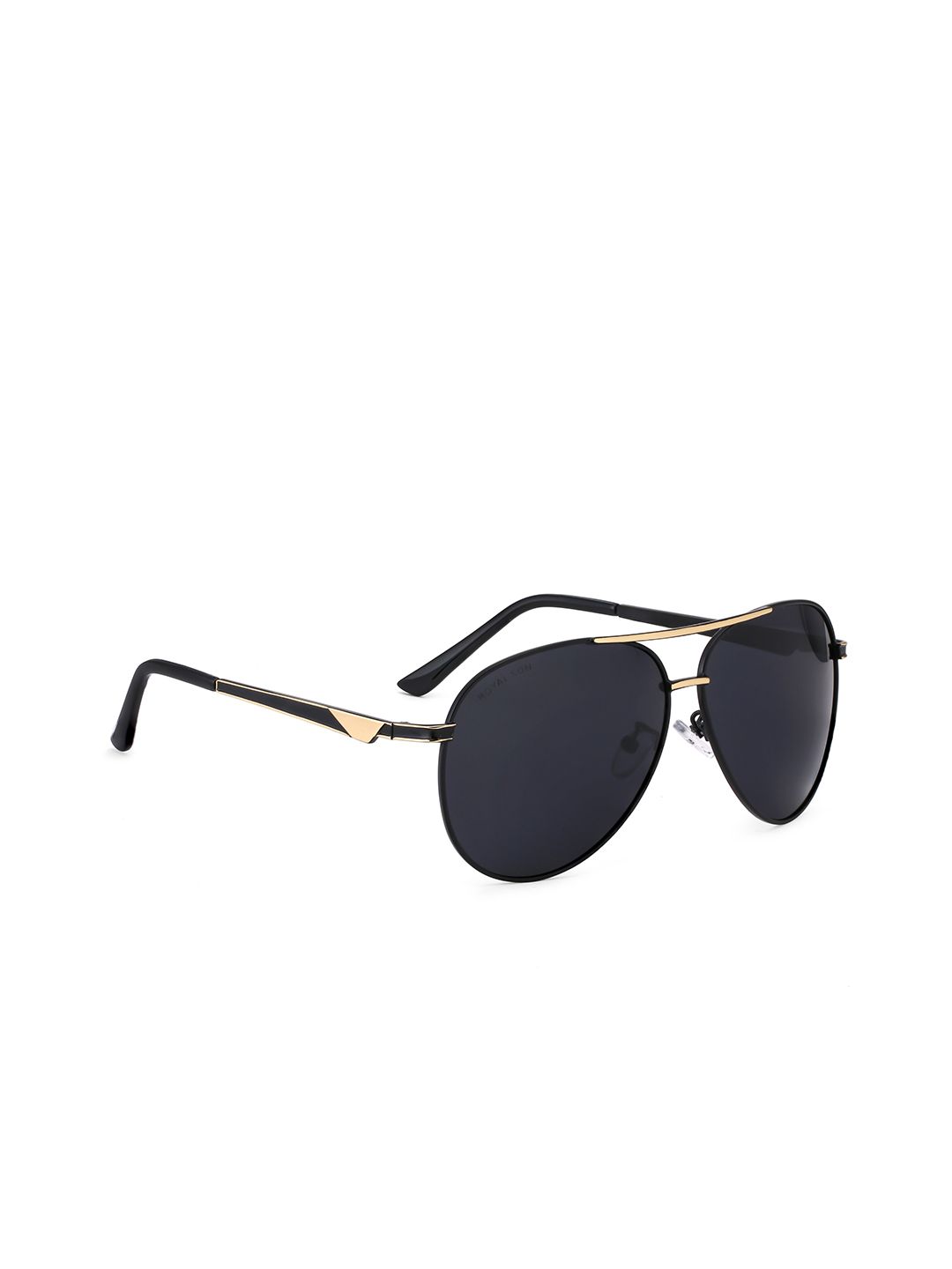 ROYAL SON Unisex Black Lens & Gold-Toned Aviator Sunglasses with Polarised Lens