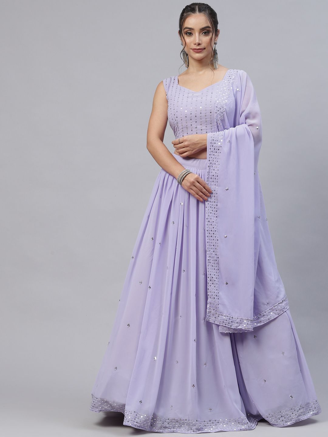 SHUBHKALA Lavender Embellished Sequinned Semi-Stitched Lehenga & Unstitched Blouse With Dupatta Price in India