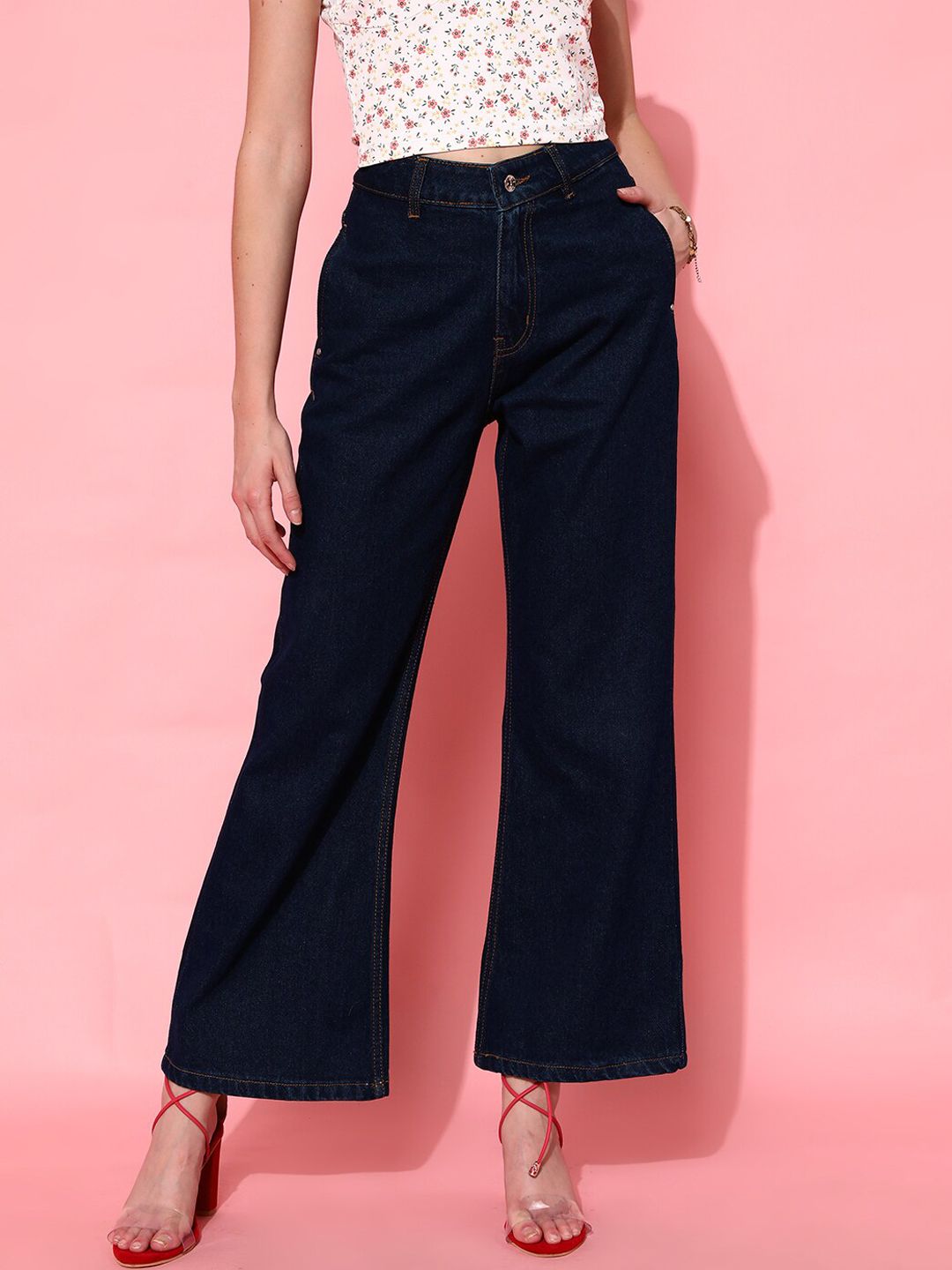 STREET 9 Women Blue Hottie Wide Leg High-Rise Highly Distressed Jeans Price in India