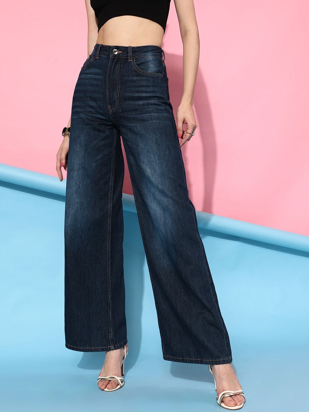 STREET 9 Women Blue Urban Wide Leg High-Rise Slash Knee Light Fade Jeans Price in India
