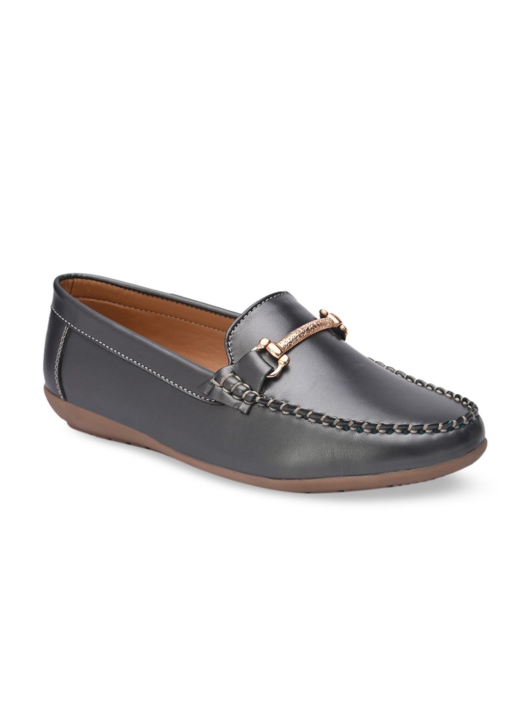 BRISKERS Women Grey Solid Leather Loafers Price in India